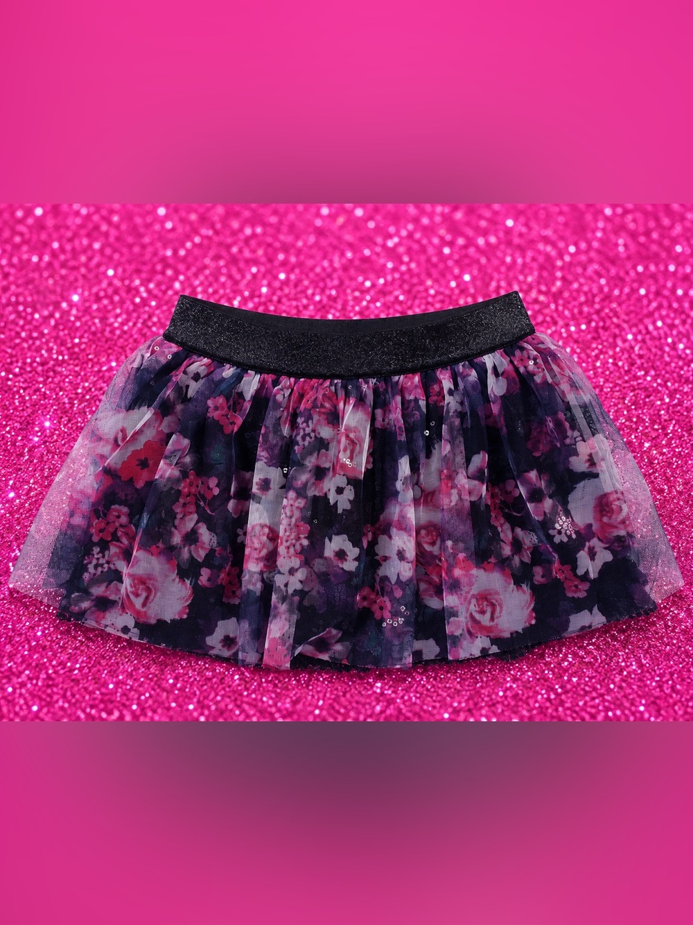 Justice Kids⭐️Girls Floral Pink and Black Sequin Skirt
